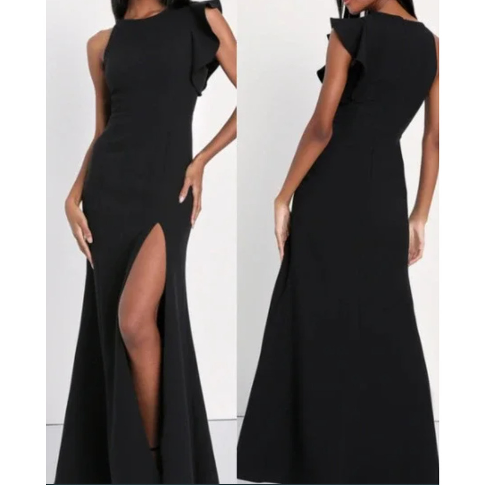LULU'S S Black Feeling the Romance Side Slit Ruffled Mermaid Maxi Dress NEW B19